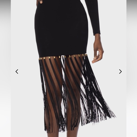 NWT - HELSI “Greta” Puff Sleeve Black Fringe Midi Dress with Gold Accents - Picture 5 of 15